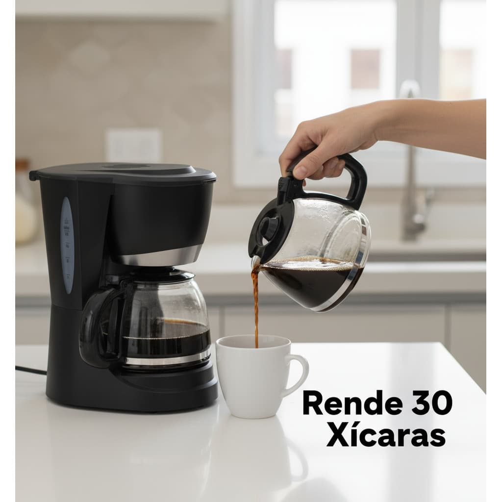 Cafeteira elétrica preta com capacidade para 30 xícaras em uma cozinha, servindo café em um copo branco.