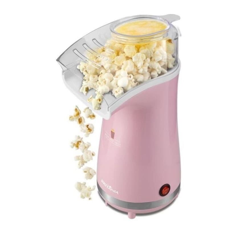 Pipoqueira Elétrica Britânia Poplite Inox rosa com pipoca saindo