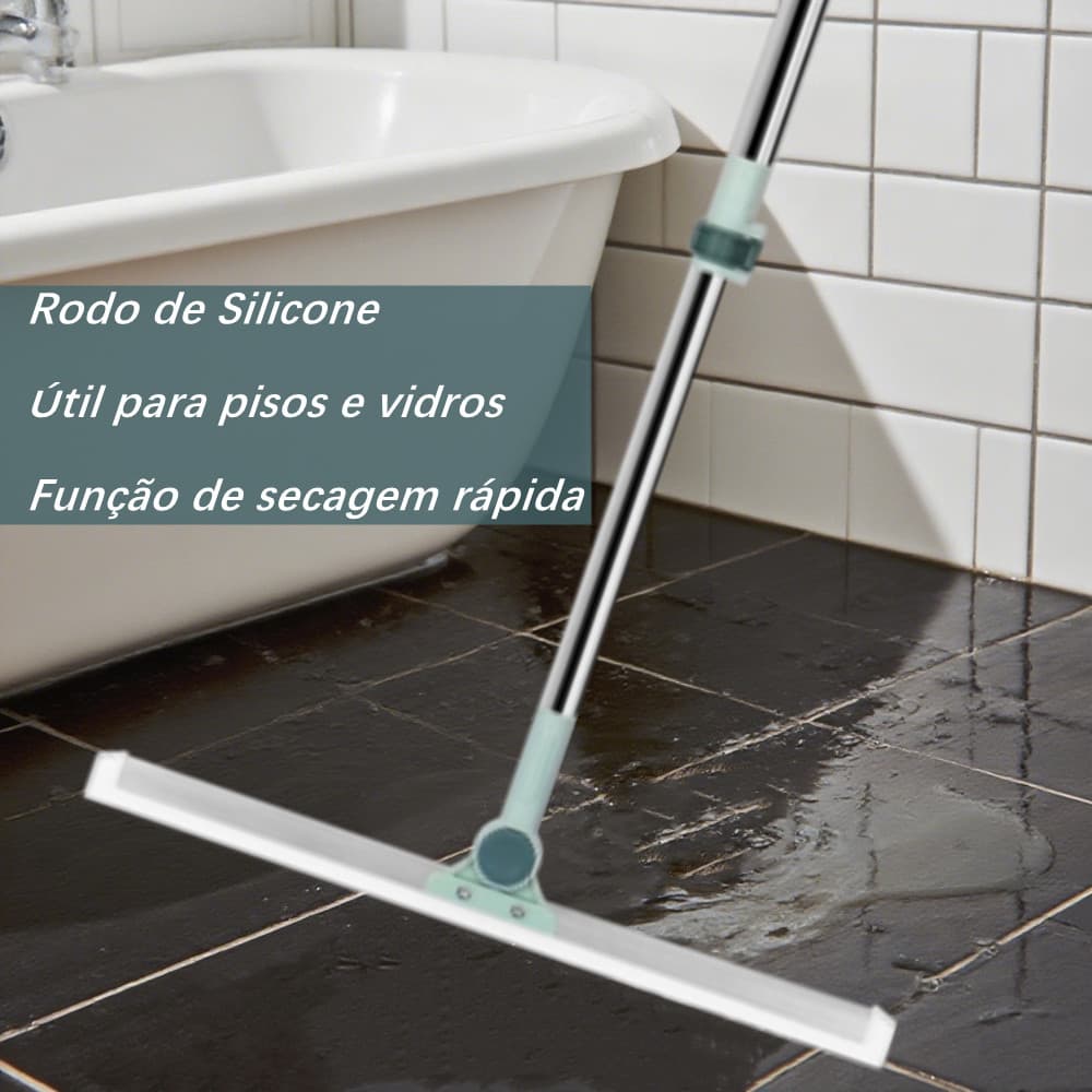 Vassoura mágica de silicone para banheiro, com cabo metálico e lâmina larga, ideal para pisos e vidros.