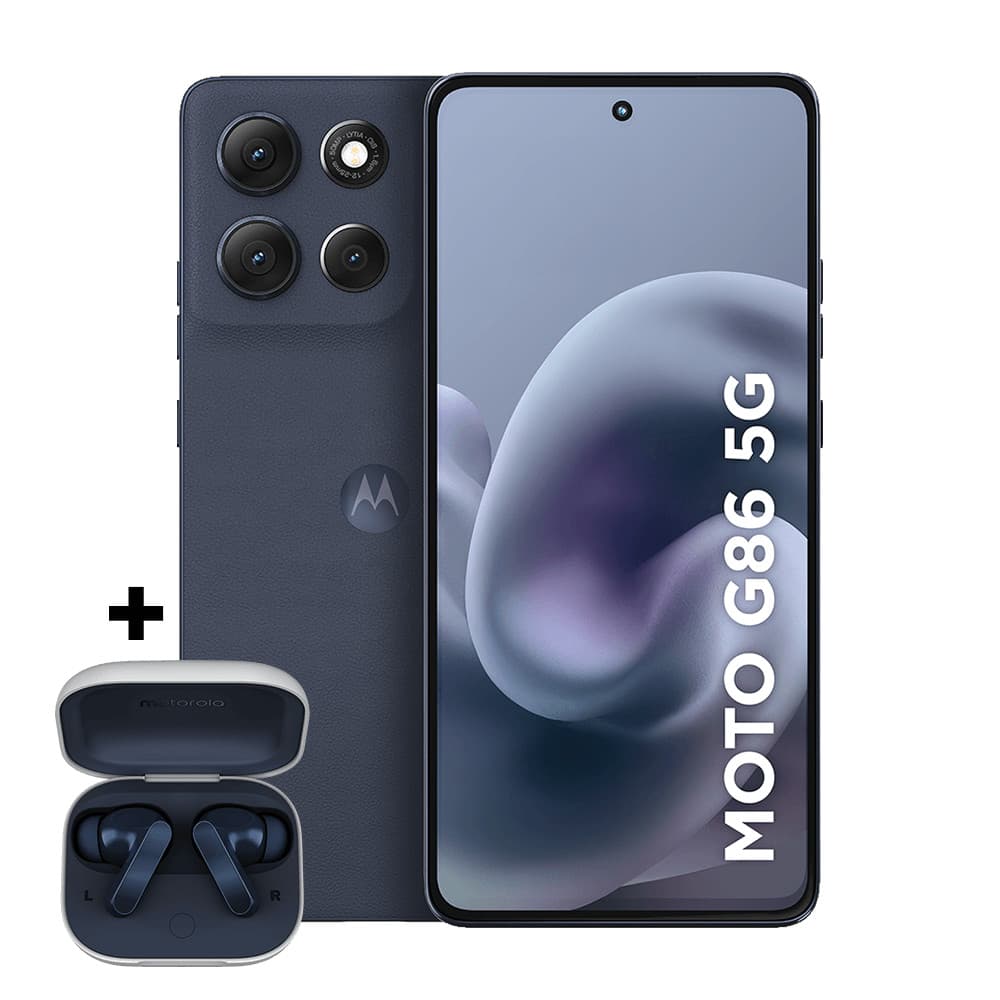 Smartphone Motorola Moto g86 5G preto com três câmeras e fones Moto Buds
