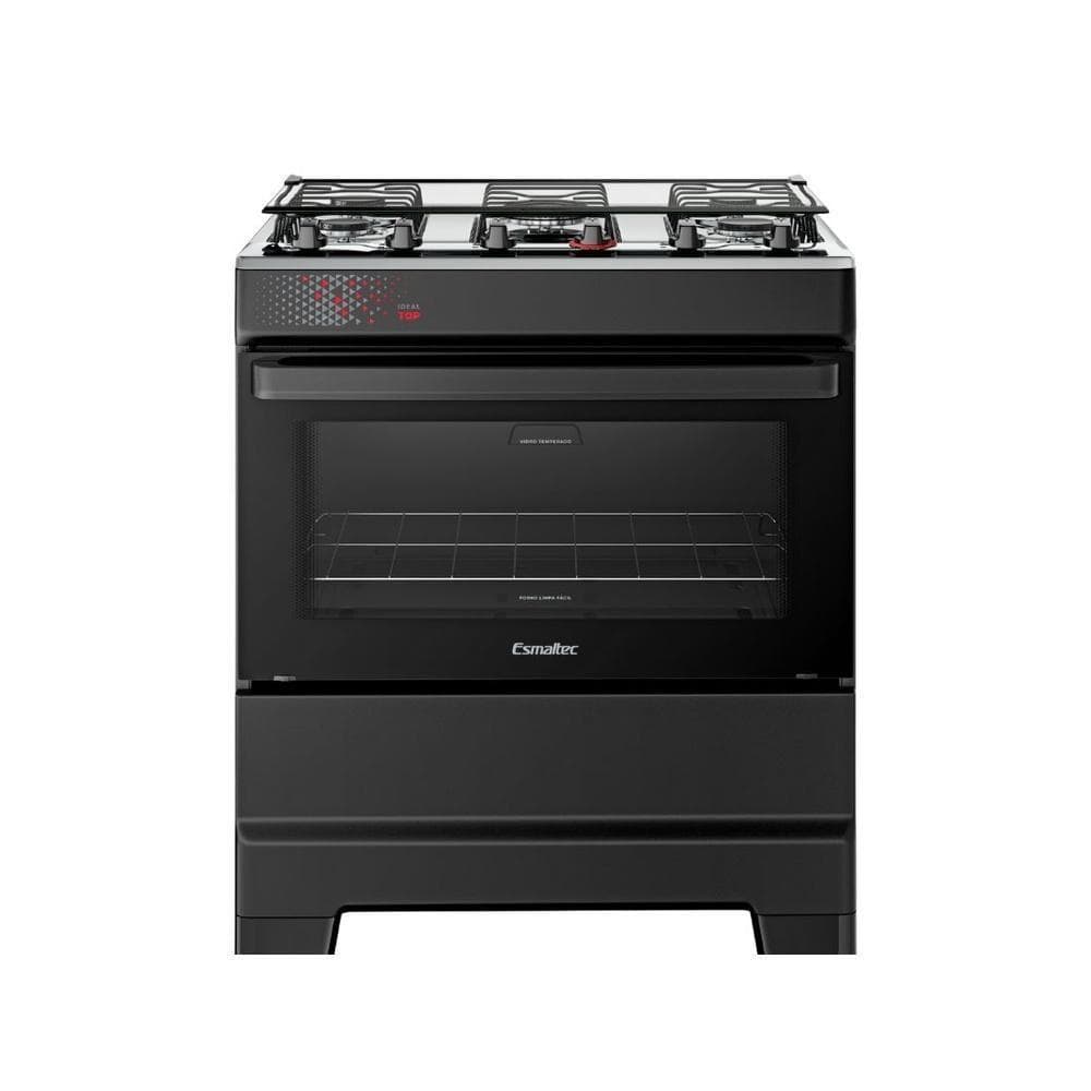 Fogão Esmaltec 5 Bocas Ideal Top Mesa Inox com tampa de vidro e forno de 84 litros, preto