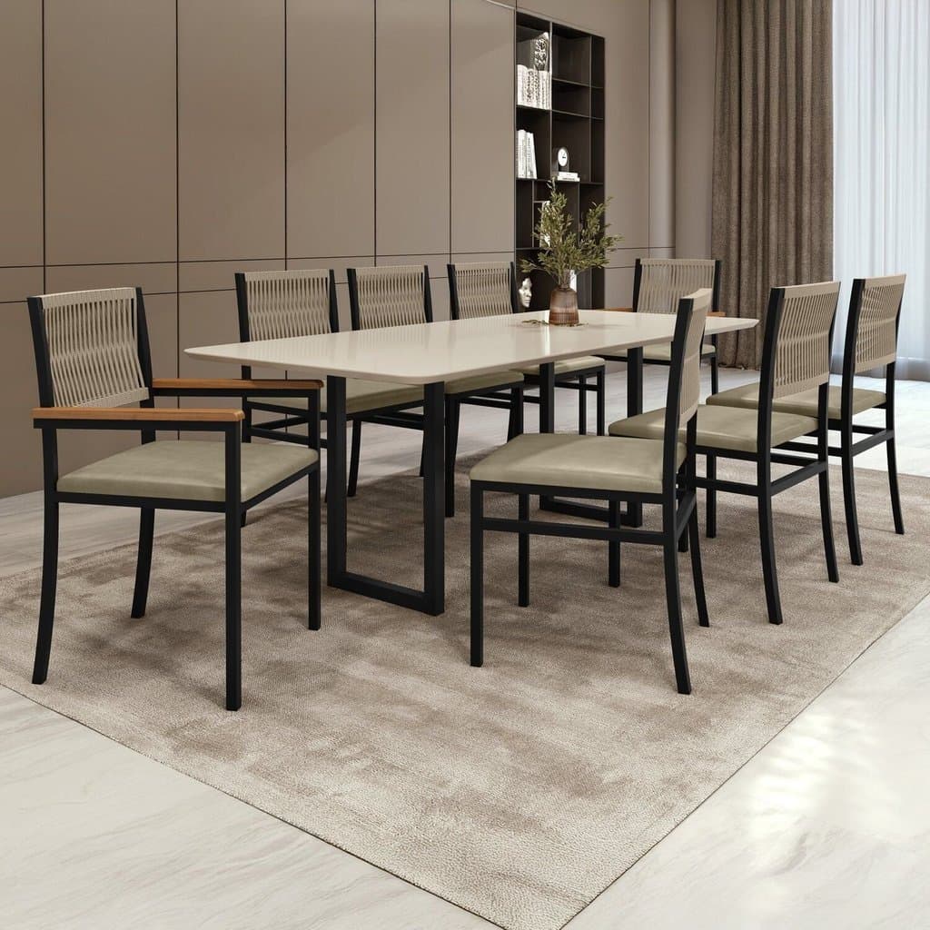 Conjunto de mesa e cadeiras de jantar com tampo de vidro branco e estruturas pretas