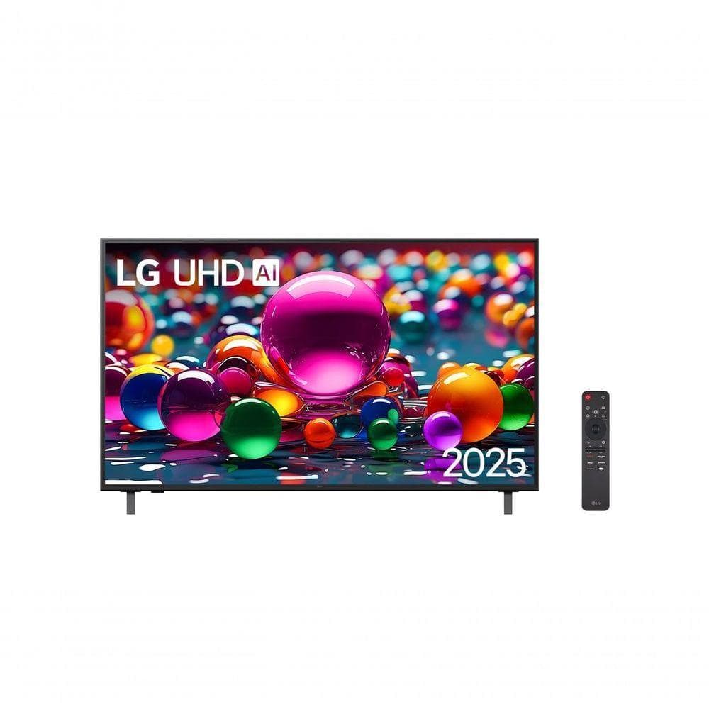 TV LG UHD AI 4K 60 polegadas com esferas coloridas na tela e controle remoto