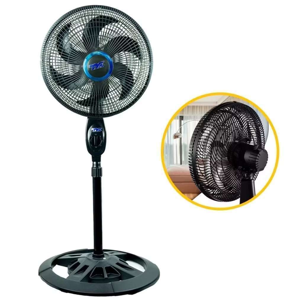 Ventilador de coluna preto 40cm com seis pás, design ergonômico, botão de controle e base circular.