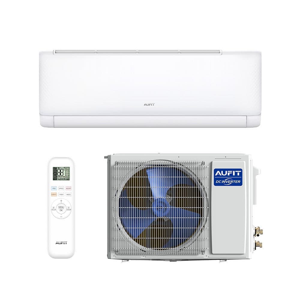 Ar condicionado split AUFIT 12000 BTUs branco com controle remoto e unidade externa com ventilador azul