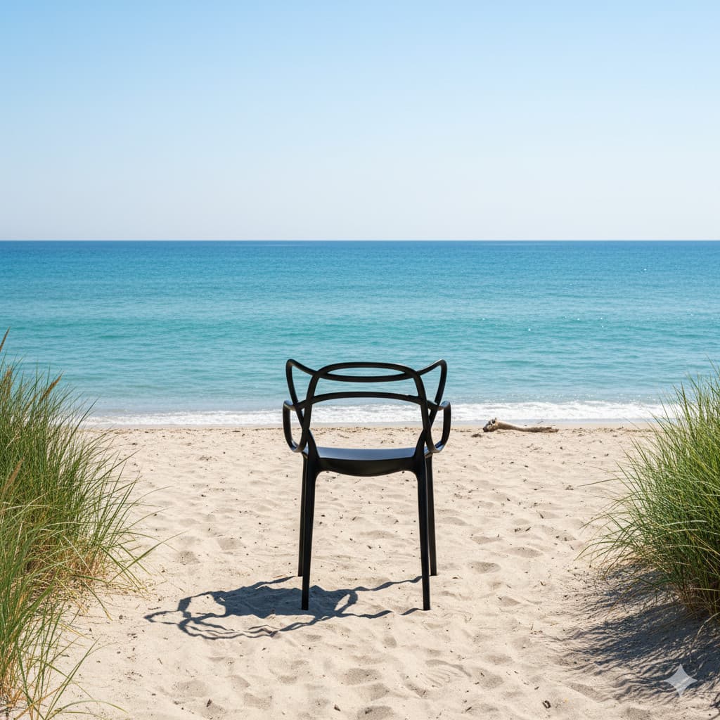 Cadeira preta ergonômica na praia, areia e grama ao fundo