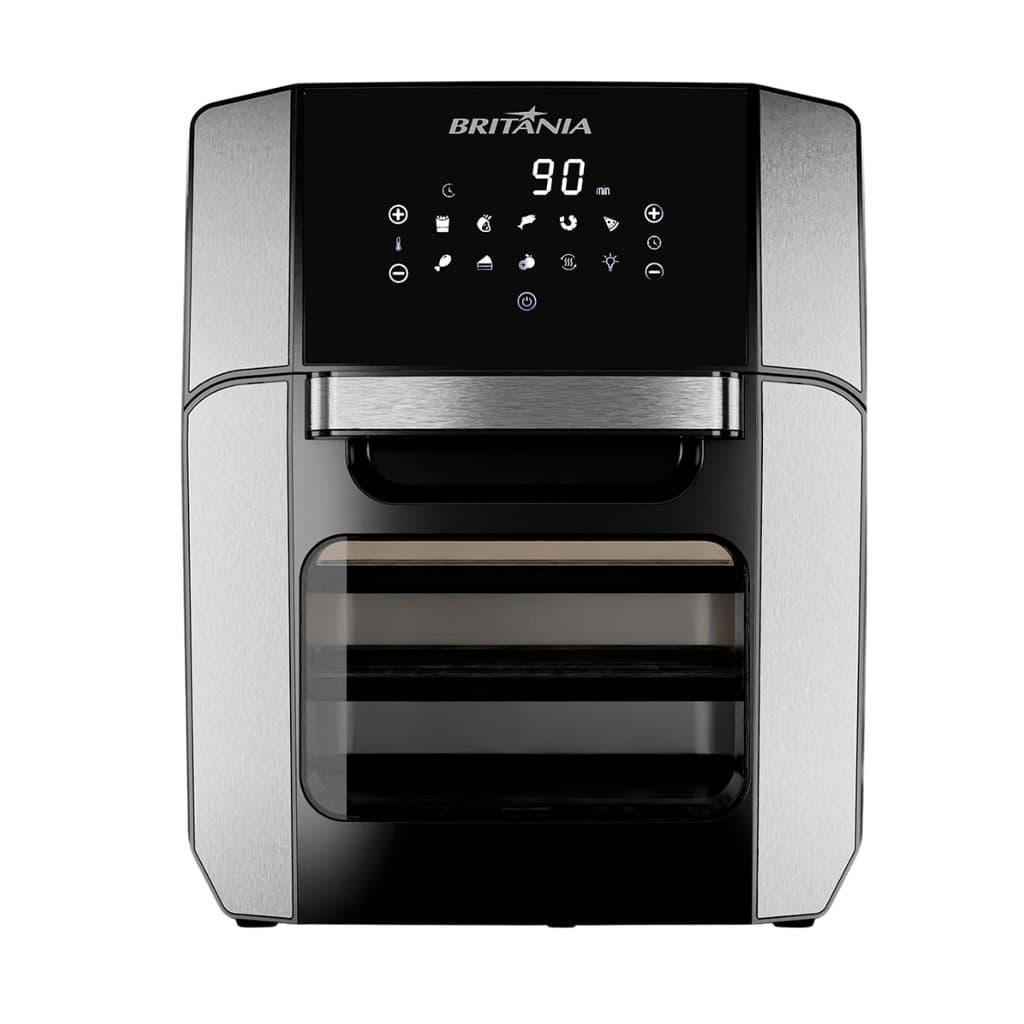 Fritadeira Britânia BFR2100P 220V, moderna com display digital e porta de vidro transparente, preto e aço inoxidável.