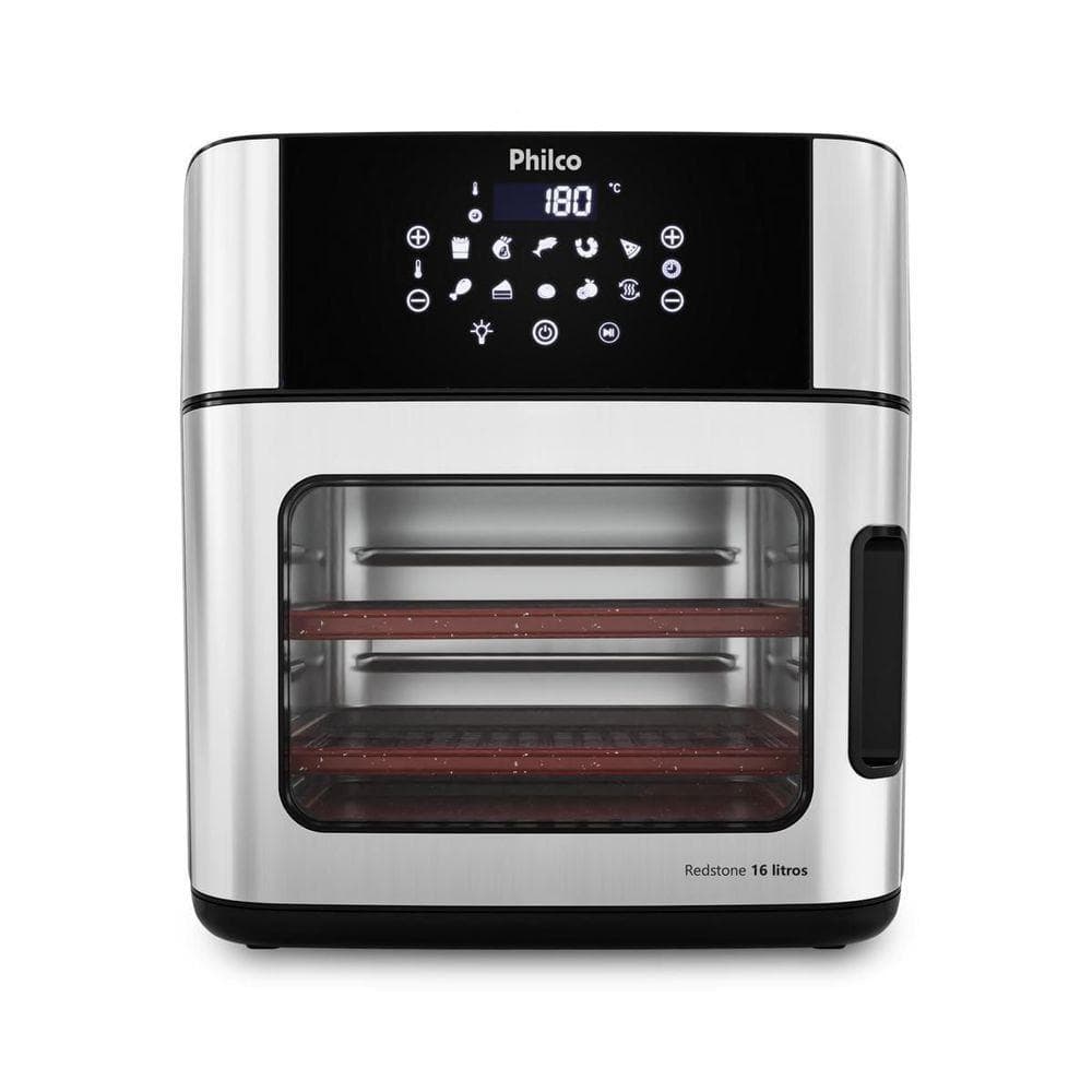 Fritadeira elétrica Philco 16L com painel digital e múltiplas funções, em aço inoxidável e preto, com bandejas de madeira.