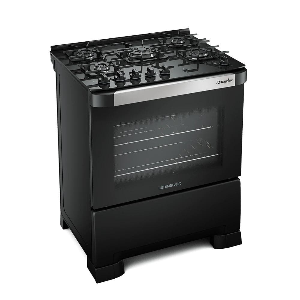 Fogão 5 Bocas Mueller Decorato Vetro G3 com Mesa de Vidro, modelo preto com detalhes em aço.