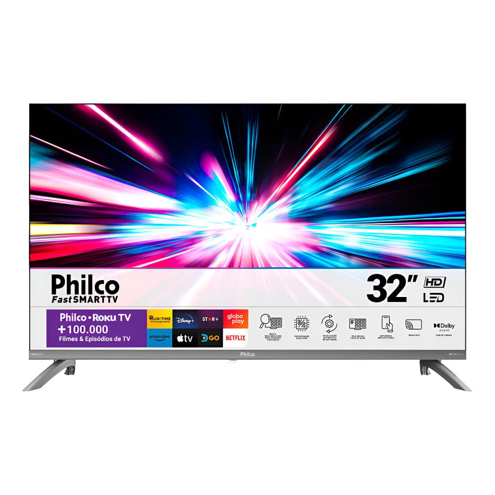 Smart TV Philco 32 polegadas HD LED com Roku TV e Alexa, design moderno com base em pés laterais cinza