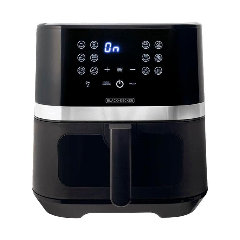 Fritadeira Air Fryer Black Decker 7L AFDLG Preta E Inox 110V, com controles digitais e borda prateada.
