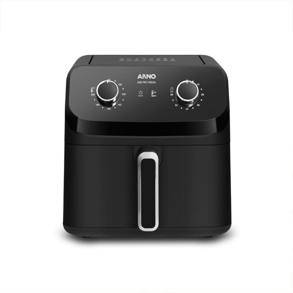 Fritadeira Arno Air Fryer AFM7 1700W 7,5L Preto 220V, controles rotativos, fundo branco, detalhes em prata