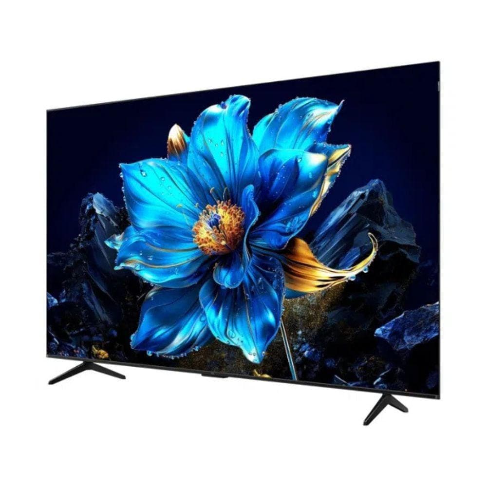 Smart TV TCL QLED 50 polegadas 4K com flor azul metálica na tela