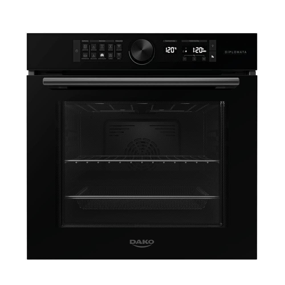 Forno elétrico embutir Diplomata 80 litros com Air Fryer, preto, controles digitais, porta de vidro, interior visível