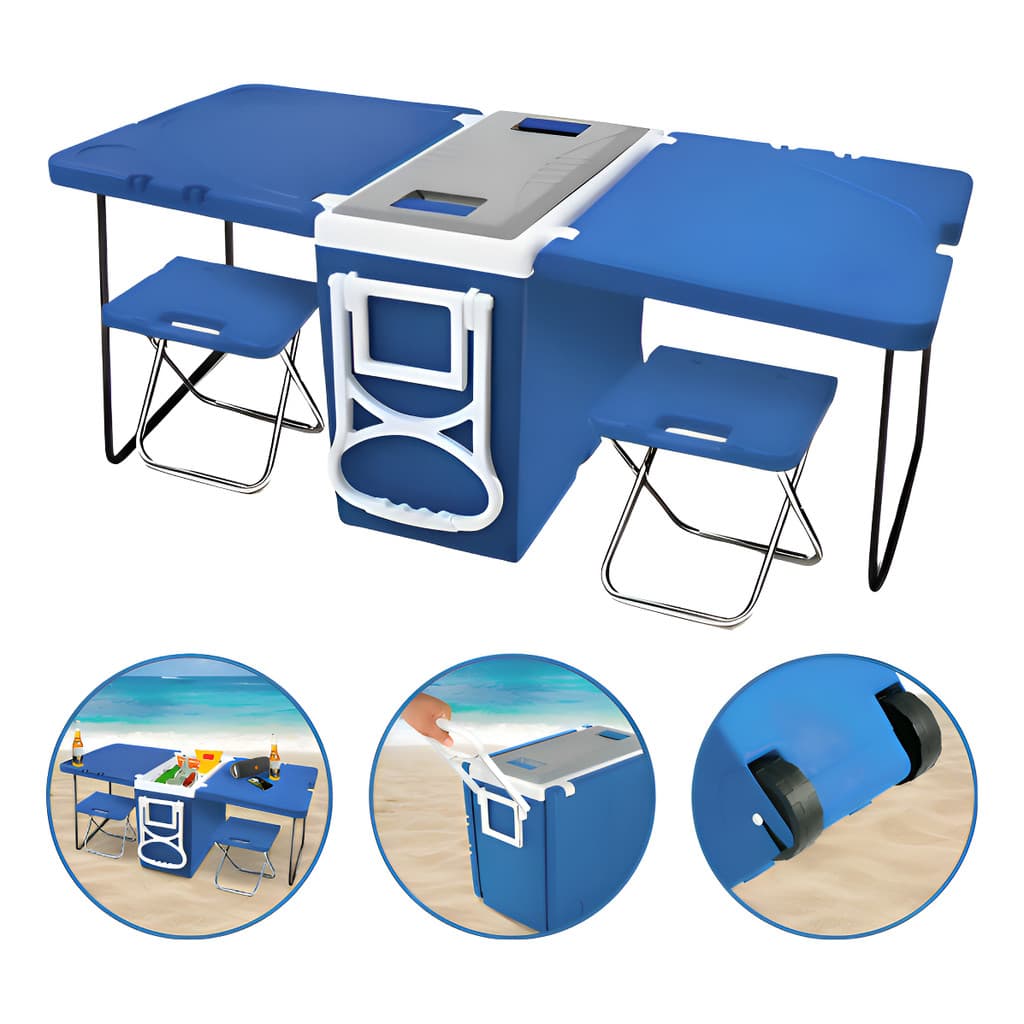 Caixa térmica de 32L com mesa e cadeiras banqueta para praia e camping, 5 em 1, azul