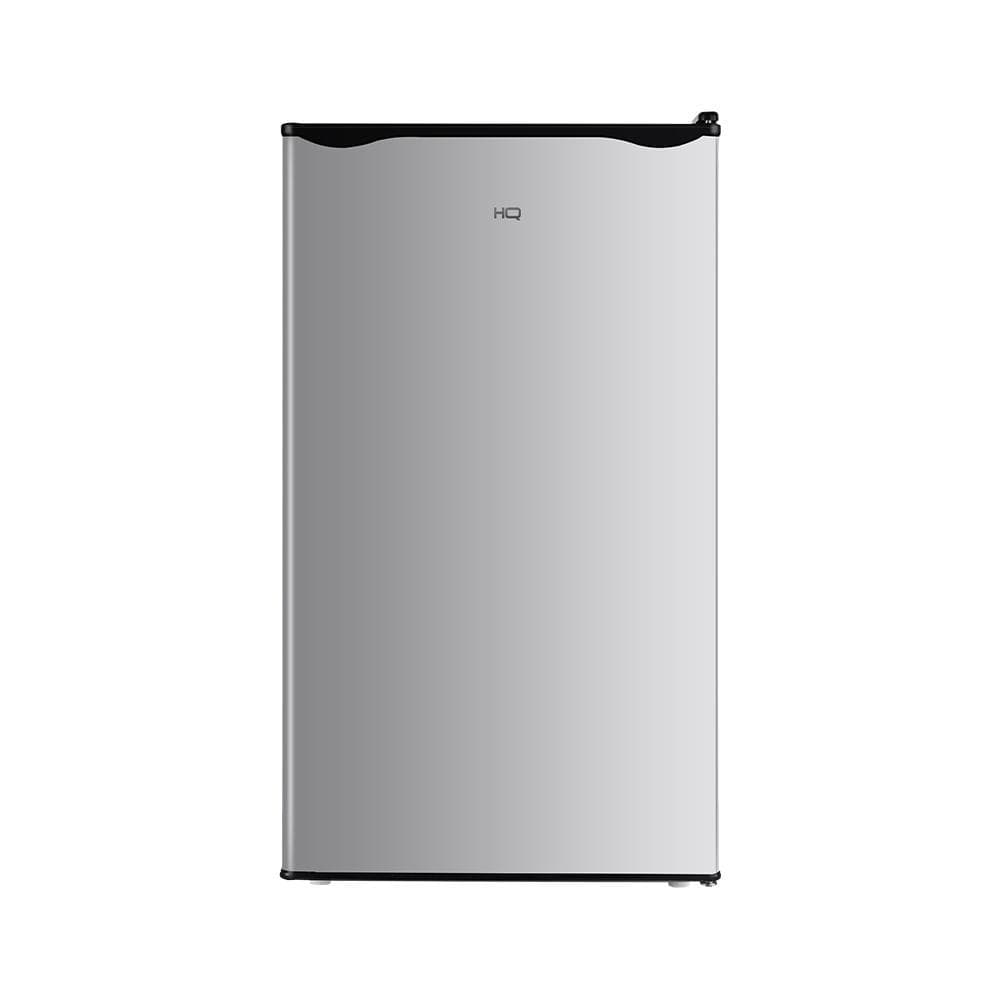 Frigobar HQ 93 Litros Cinza BC-93 - Frigorífico vertical cinza metálico com etiqueta HQ