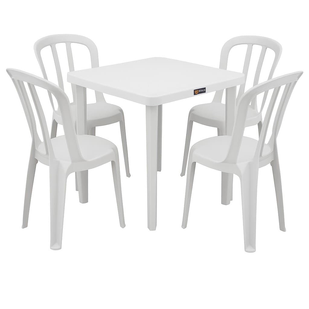 Conjunto mesa e quatro cadeiras de plástico branco, resistente e leve, ideal para área externa e interna