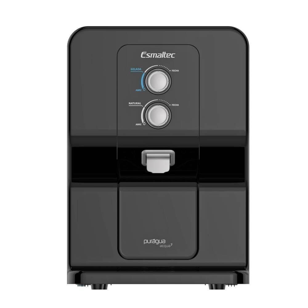 Purificador de água Esmaltec Acqua7 Preto 127V, design compacto com controles rotativos e alça de aço inoxidável, fundo branco
