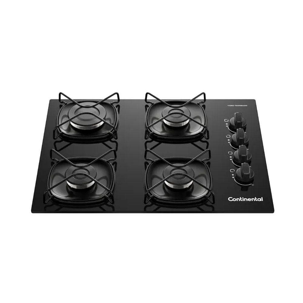 Cooktop a gás Continental 4 bocas com acendimento automático, mesa em vidro preto