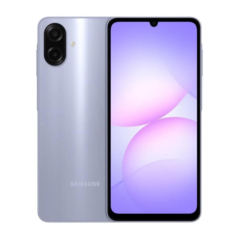 Smartphone Samsung Galaxy A07, cor prata metálica, vista frontal e traseira