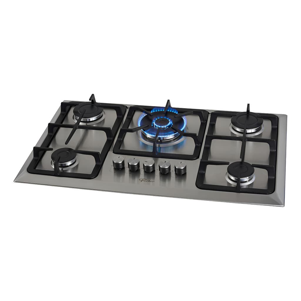 Cooktop Fischer 5 queimadores com mesa em aço inoxidável, fundo branco