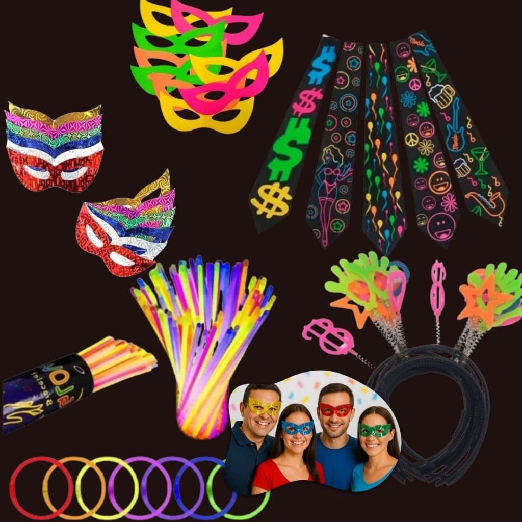 Kit Balada Festa Neon 160 pçs pulseira neon, tiara neon, gravata neon luz negra mascaras neon plaquinhas neon gravatas