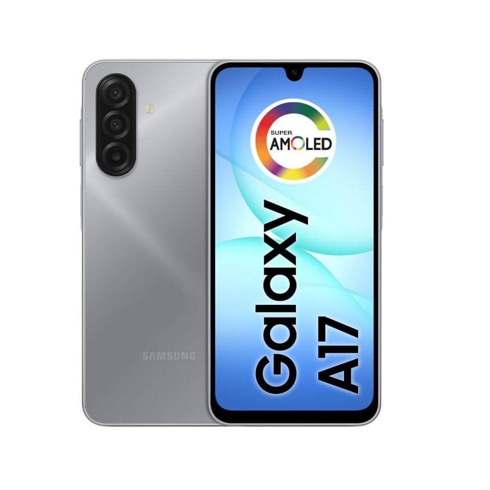 Smartphone Samsung Galaxy A17 4G prata com tela Super AMOLED e três câmeras traseiras