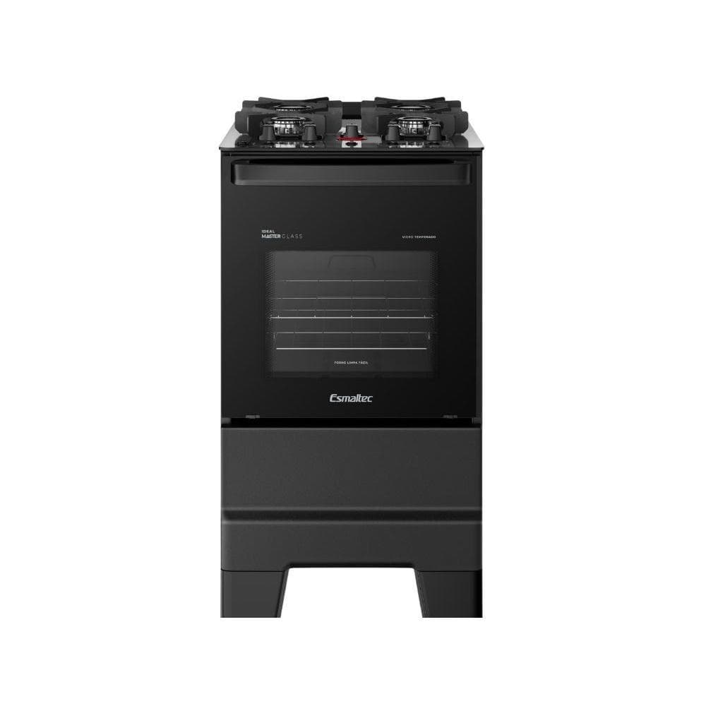 Fogão Esmaltec 4 Bocas Ideal Master Glass Mesa De Vidro Forno 50 Litros Preto T4VFP Bivolt