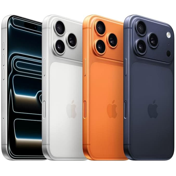 iPhone 17 Pro e Pro Max em azul, laranja e prata, fundo branco, logo Apple, câmera tripla