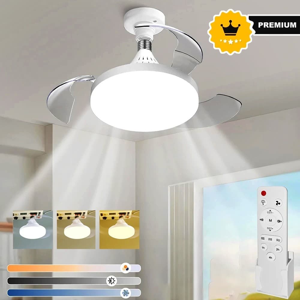 Ventilador de teto retrátil branco com luz ajustável e controle remoto