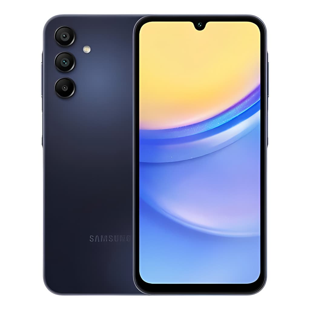Smartphone Samsung Galaxy A15 Dual SIM 5G, cor azul-escuro, visão frontal com tela AMOLED e câmera frontal.
