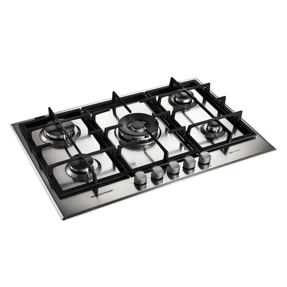 Cooktop Brastemp Gourmand 5 Bocas Gás Inox - BDK75DR, aço inoxidável, cinco bocas, queimadores pretos, grelhas prateadas, fundo branco