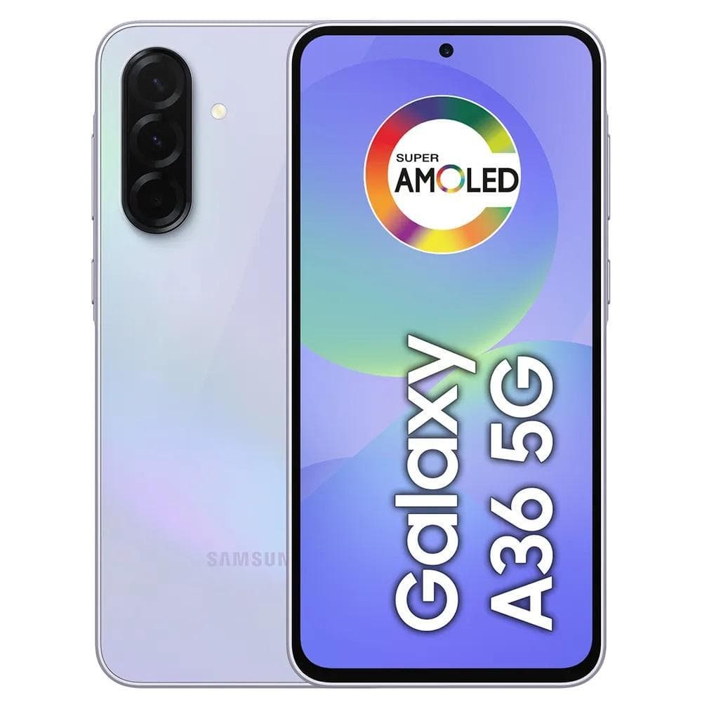 Imagem do smartphone Samsung Galaxy A36 5G violeta com tela AMOLED e câmera frontal.