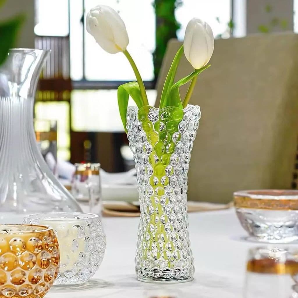Vaso de vidro cilíndrico transparente com design de bolinhas para arranjo de flores, 24x10cm