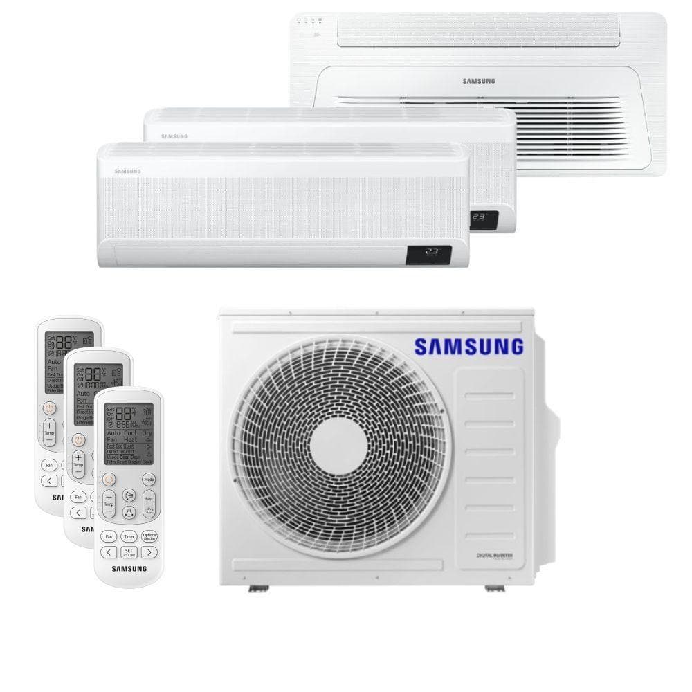 Ar Condicionado Multi Tri Split Samsung Wind Free 24000 BTU com três unidades de parede e controles remotos