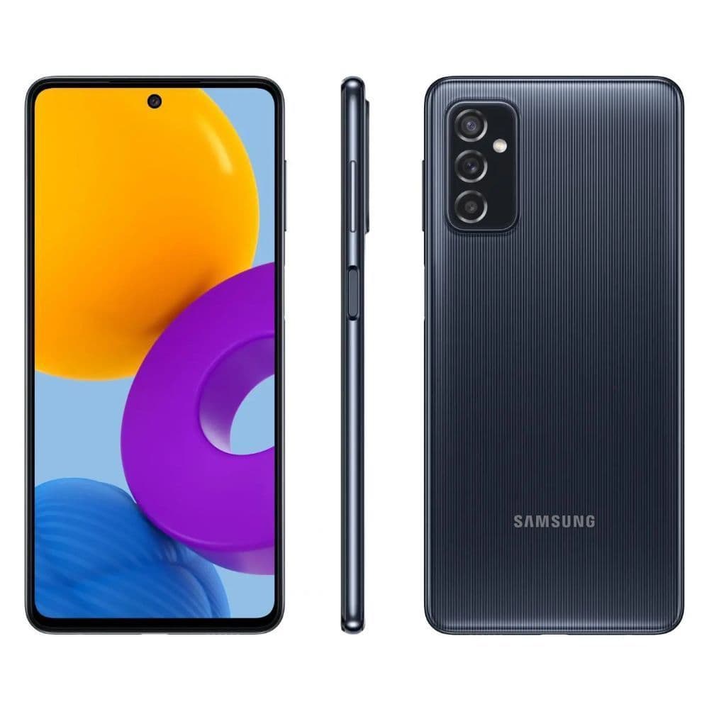 Samsung Galaxy M52 (5G) 128 GB Preto - Imagem lateral com câmera traseira e logotipo da Samsung