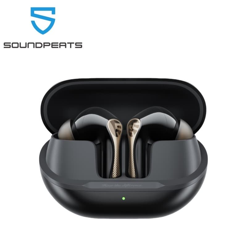 Fones de ouvido SoundPEATS Air5 Pro em estojo preto aberto