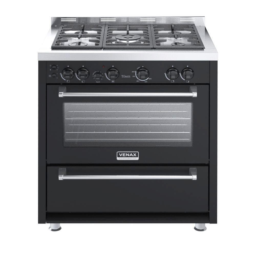 Fogão a gás Venax Temis com 5 bocas, aço inoxidável e preto, 220V