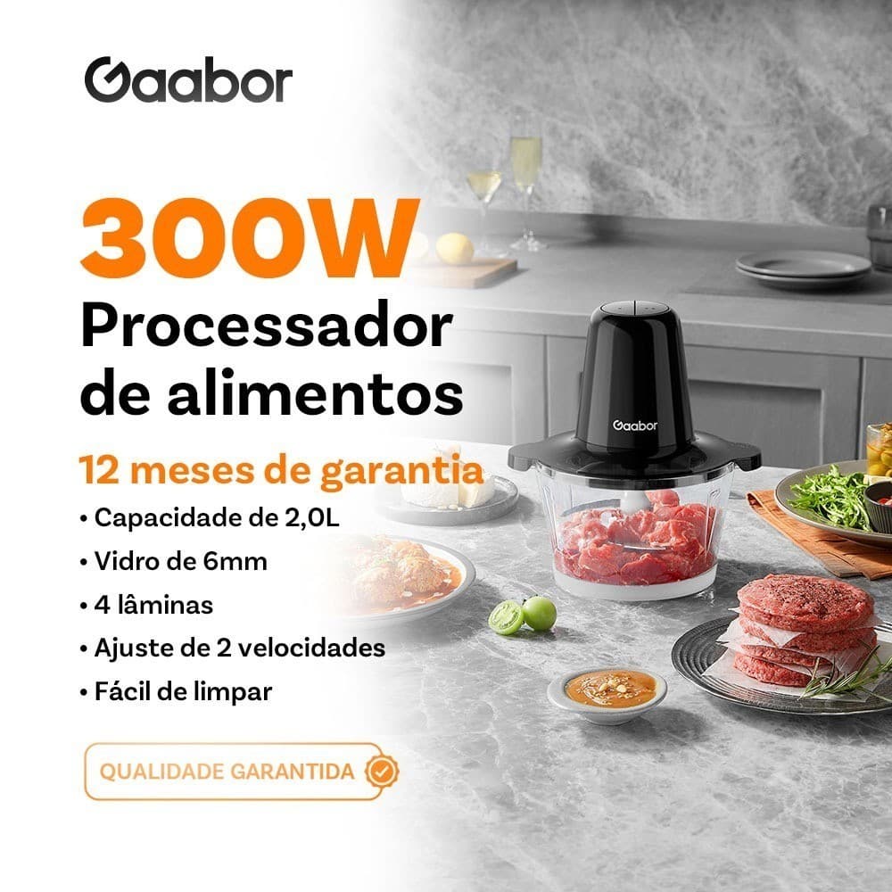 Processador de alimentos Gaabor 300W, 2L, fácil limpeza, 4 lâminas