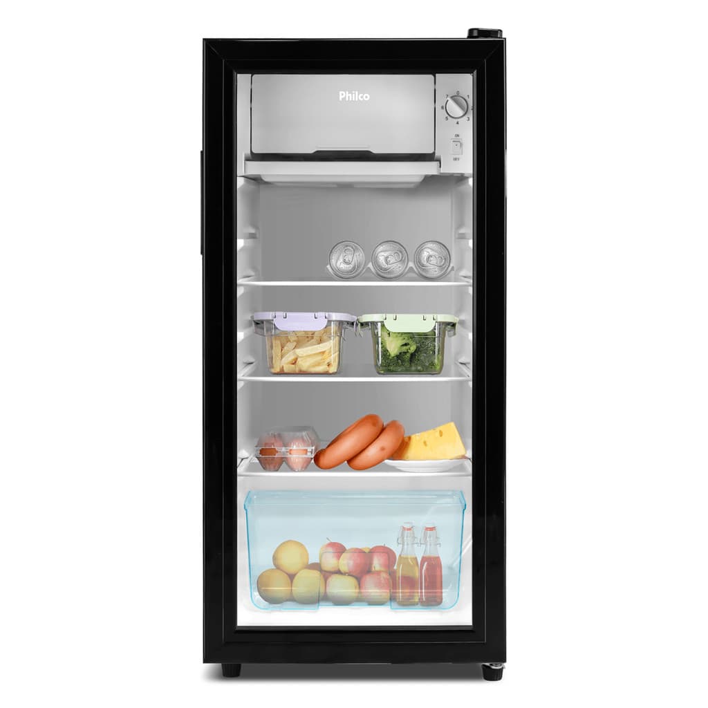 Frigobar Philco 85L Preto com sete níveis de temperatura com a porta aberta