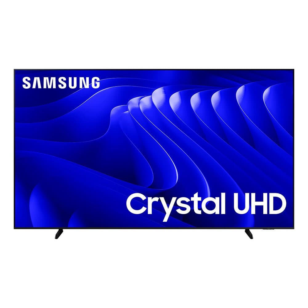 Smart TV Samsung 98 polegadas Crystal 4K UHD com fundo azul ondulado