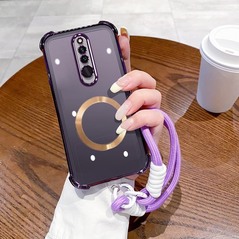 Capa de telefone transparente para Xiaomi Redmi 8A com anel magnético dourado e corda roxa