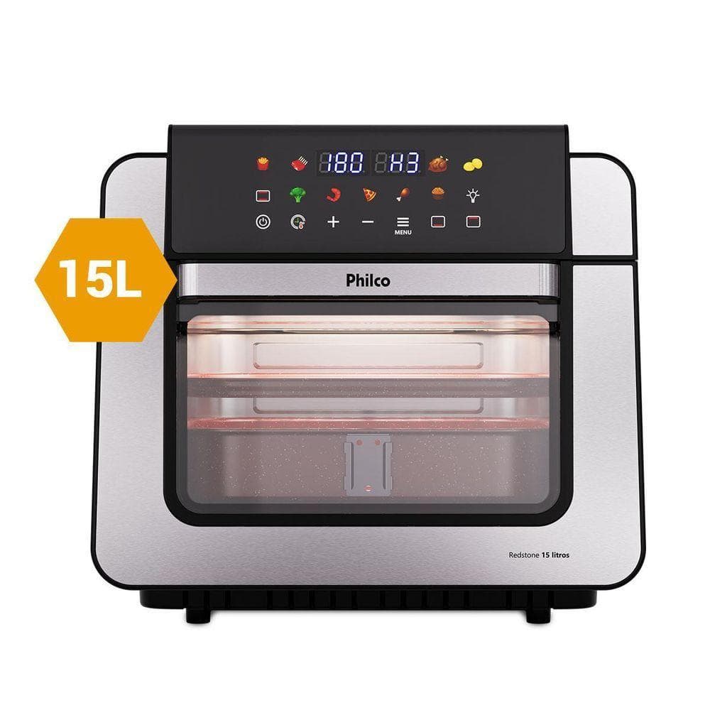 Forno elétrico Philco 15L com dupla resistência, capacidade 15L, porta aberta, fundo branco