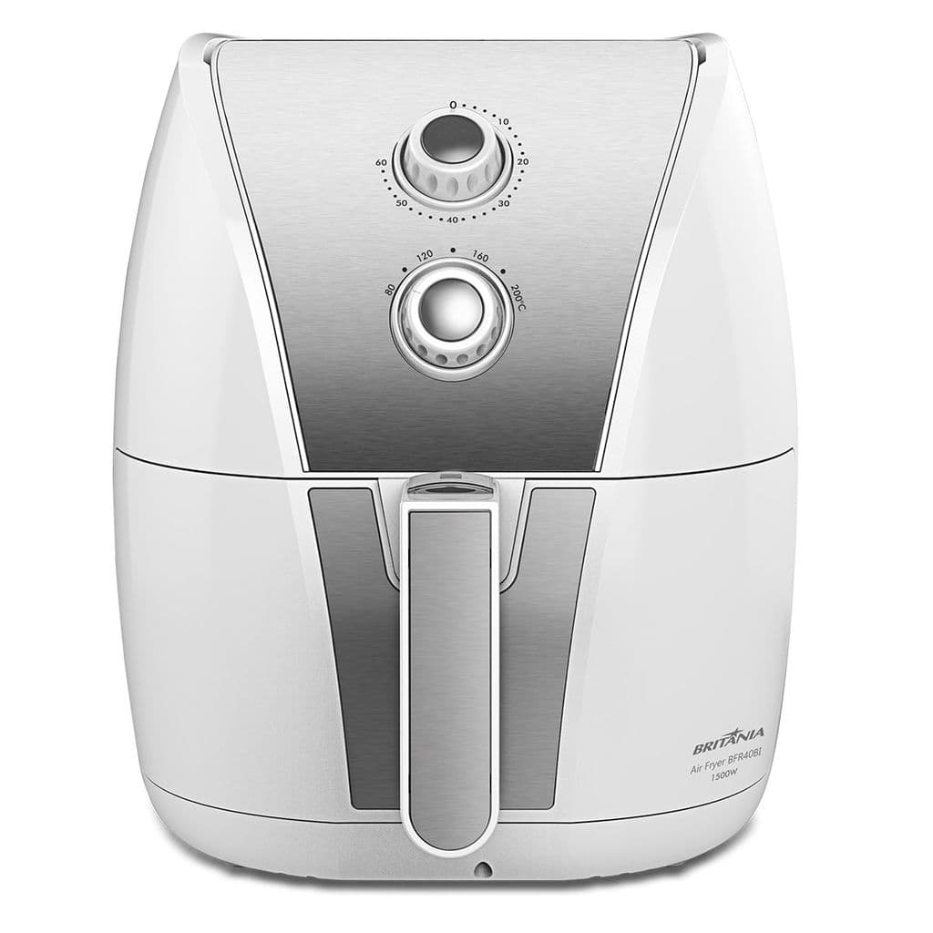 Fritadeira de ar quente Britânia 5L Redstone branca, ângulo frontal, controles de temperatura e tempo visíveis