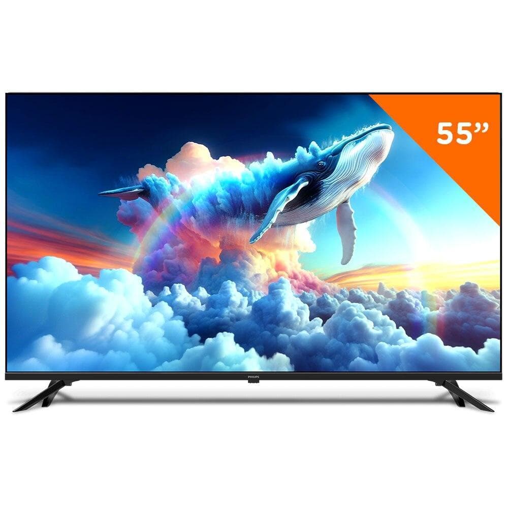 Smart TV LED Philips 55'' UHD 4K exibindo baleia sobre nuvens