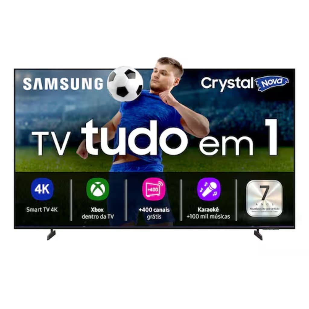 Smart TV Samsung 70” 4K Crystal UHD UN70U8500 com tela mostrando jogador de futebol e recursos