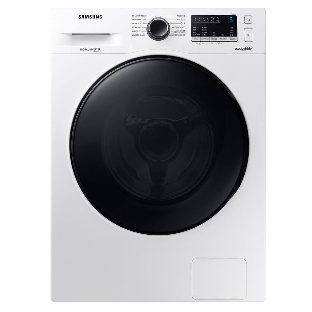 Lava e Seca Samsung Ecobubble 11Kg Smart Check Branca - WD11A, máquina de lavar roupa com tecnologia Ecobubble, porta de vidro preto, painel digital