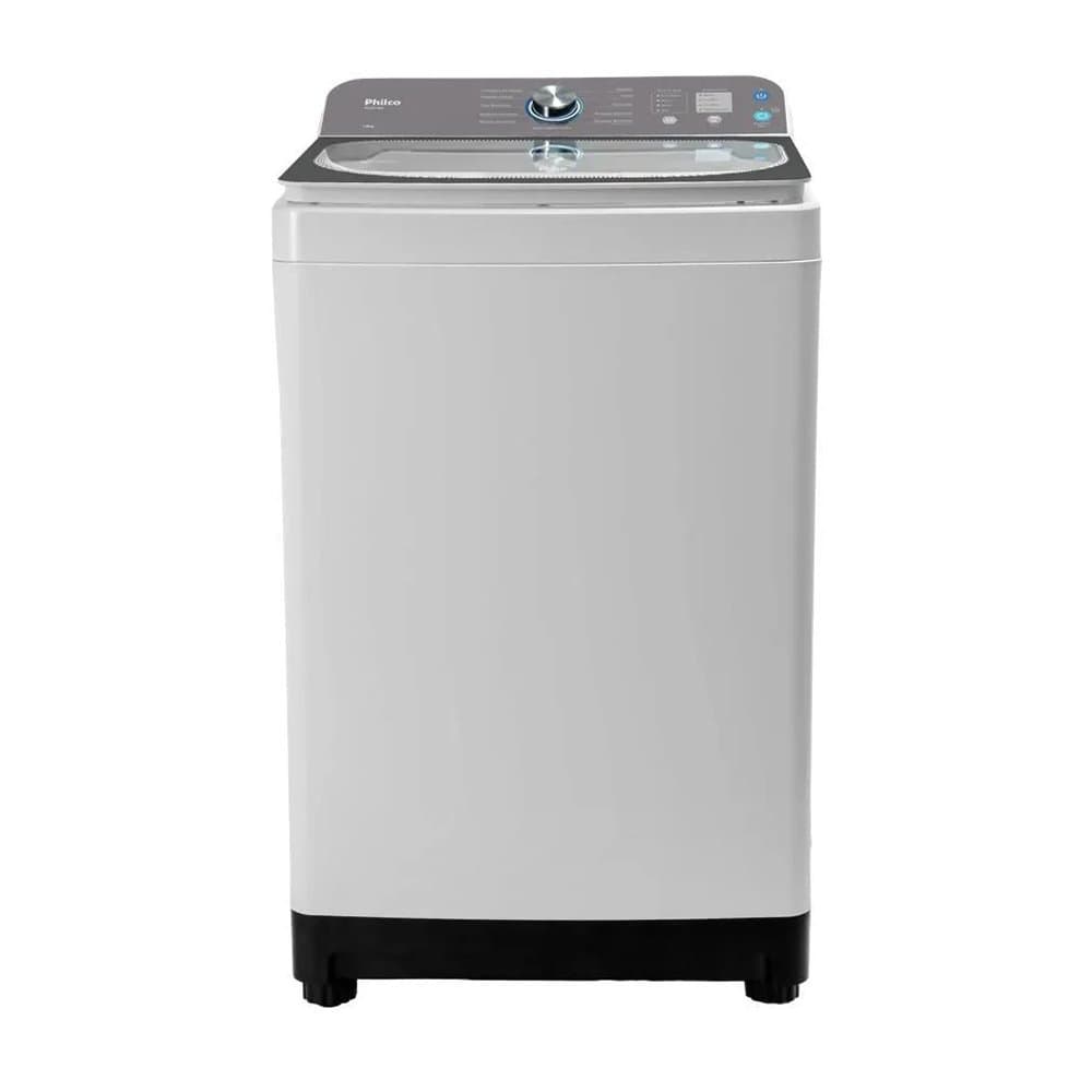 Lavadora automática Philco PLR14A 14Kg branca e cinza, 800W, isolada em fundo branco.