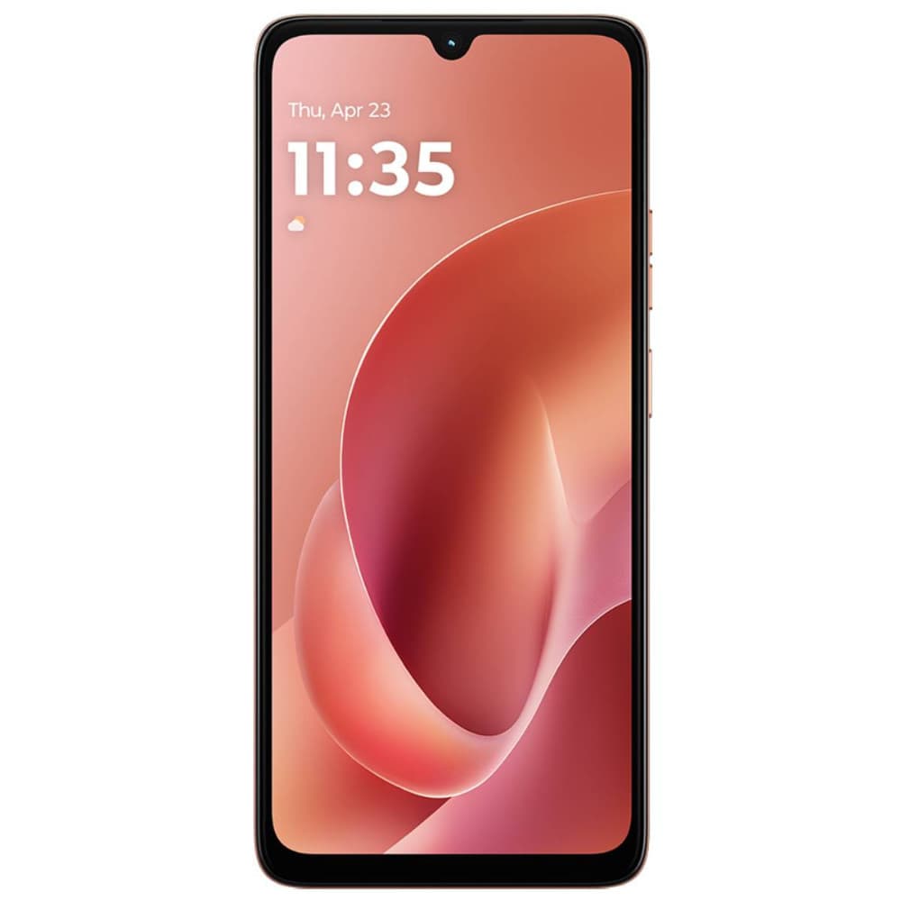 Imagem frontal do smartphone Moto G06 com tela OLED rosa e cinza