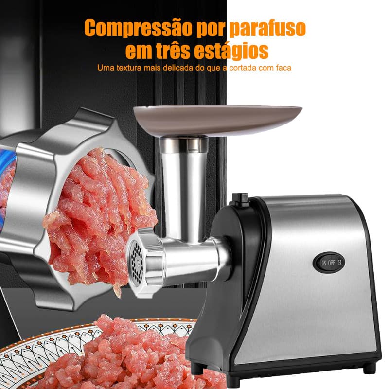 Moedor de carne elétrico 1500W em aço inox com funil para linguiça e discos de corte